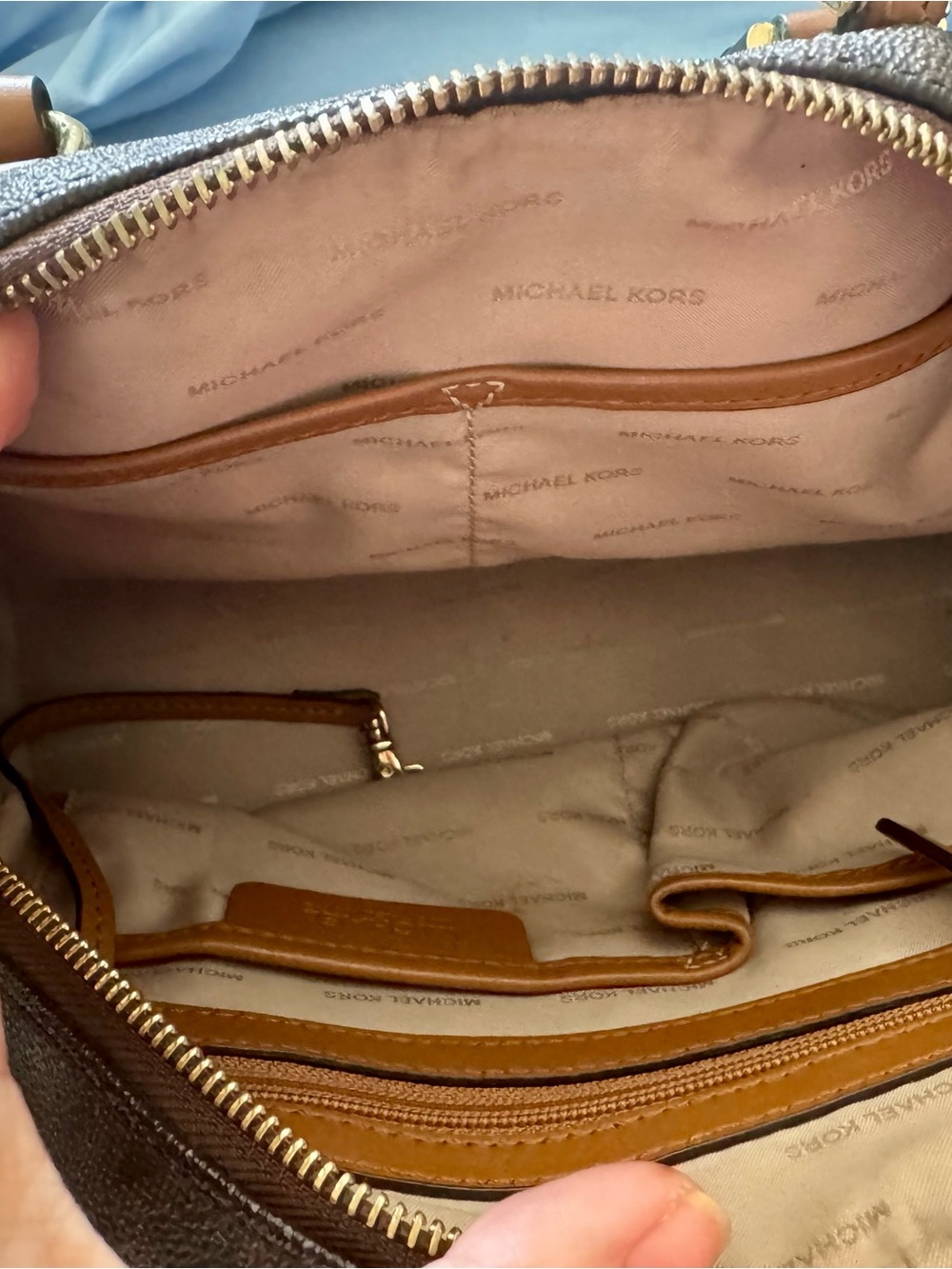 Michael Kors Brown MK Logo Duffel with Tan Handles and Gold Hardware - Picture 6 of 11